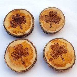 Celtic Clover Rustic Tree Slice Coaster Set of 4